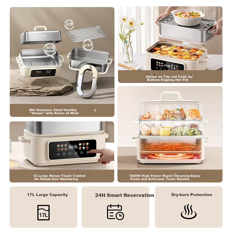 LOTOR Multi-Purpose Electric Steamer Pot, 3-Layer Stainless Steel Large Capacity Multi-Layer Steam Cooker for Home Use, Suitable for 3-4 People, Non-Coated Multifunctional Pot DZGBXG17