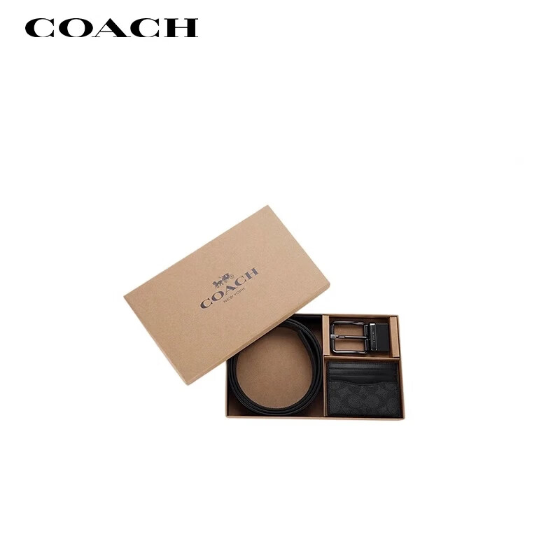 COACH [Brand Direct Supply] Men's Belt Card Holder Gift Box Set, 35MM Black And Gray Color Block, CW351 New Year Gift