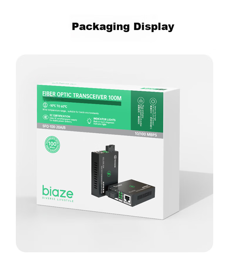 BIAZE Fiber Optic Transceiver, 100Mbps One Pair, Single-Mode Single-Fiber Optical-Electrical Converter, Network Optical Terminal, Network Monitoring SC Interface, Adaptive Optical Transceiver 20KM 7