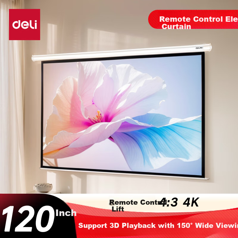 Deli 120-Inch 4:3 Electric Adjustable Projection Screen, Compatible with Jianuo, XGIMI, Dangbei, Xiaomi Projectors, Projector Screen 50493