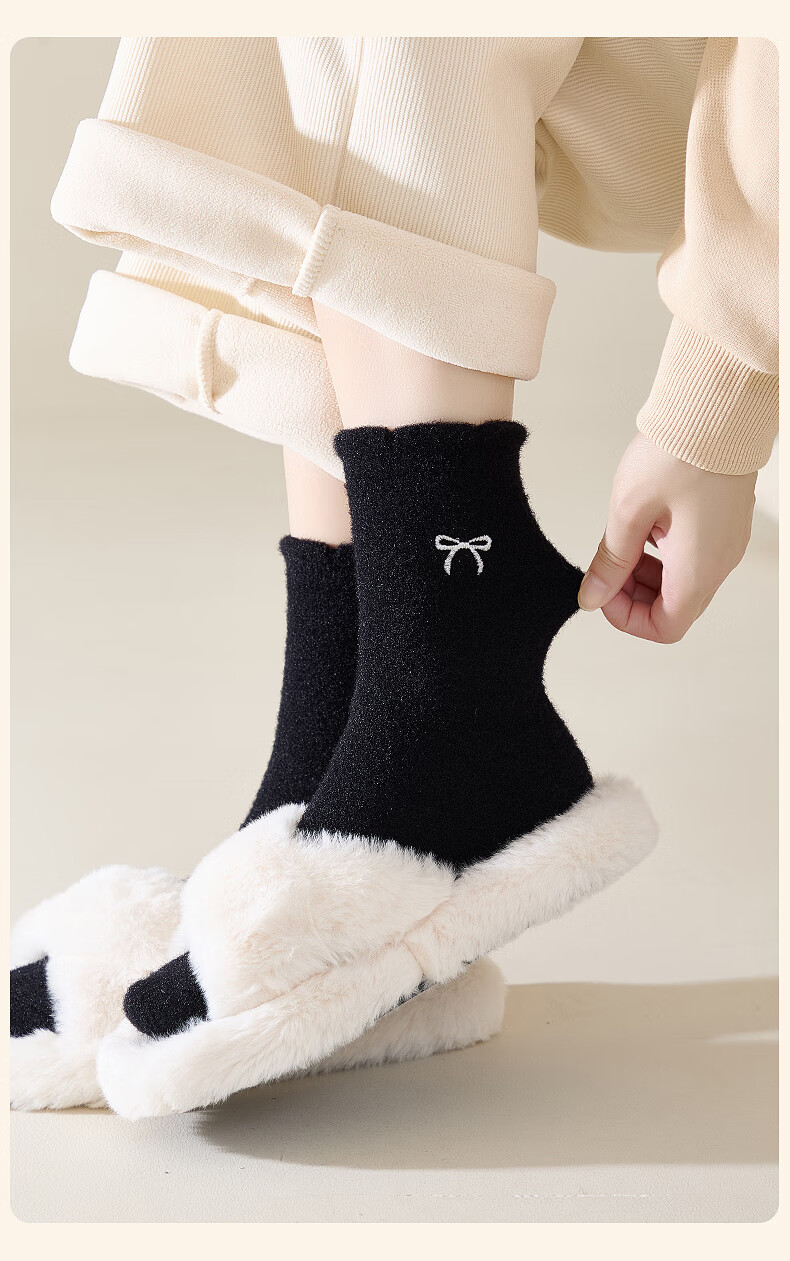 Eve's Elegance Women's Mid-Calf Autumn Winter Thickened Australian Wool Warm Socks with Lace and Bowknot, 4 Pairs Home Sleep Socks 11
