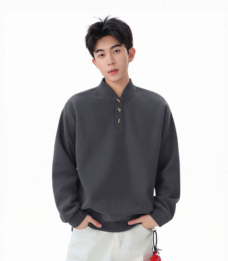 Homlean Heavyweight Henry Collar Solid Color Sweatshirt Men Autumn Fashion Casual Loose Base Shirt HQ00 Black 4XL 18