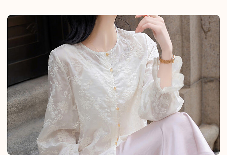 Demana Light Breath Lyocell Spring Autumn Hollow Lace Embroidered Bell Sleeve Shirt Petite Women's Top 2