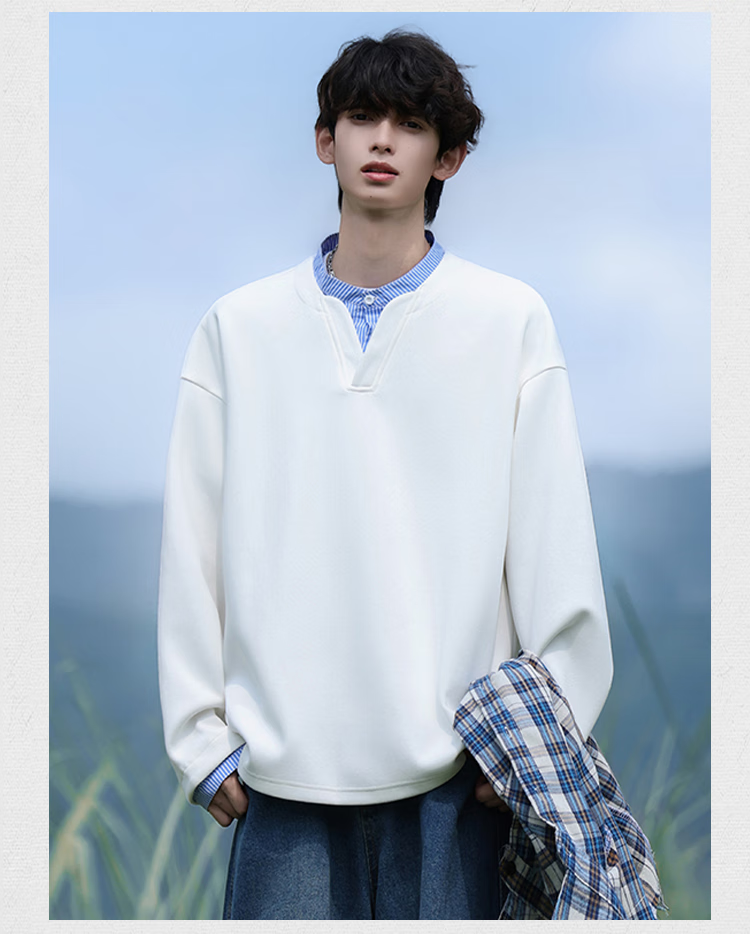 Dingfengbaoluo Men's Sweatshirt, Spring American Casual Style, Faux Two-Piece Loose Fit, Retro Shirt Collar Top, DP02 Aurora White, Size M 9