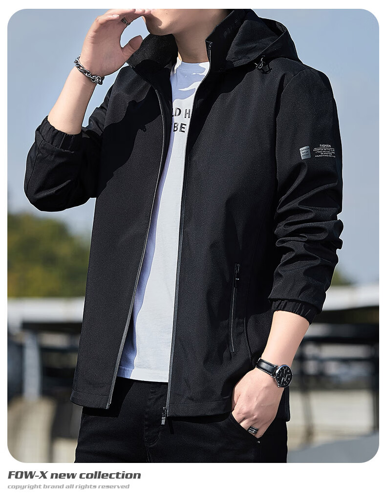 ROMON Men's Jacket Spring Autumn Trendy Youth Business Casual Hooded Coat Black 3XL 2186 8