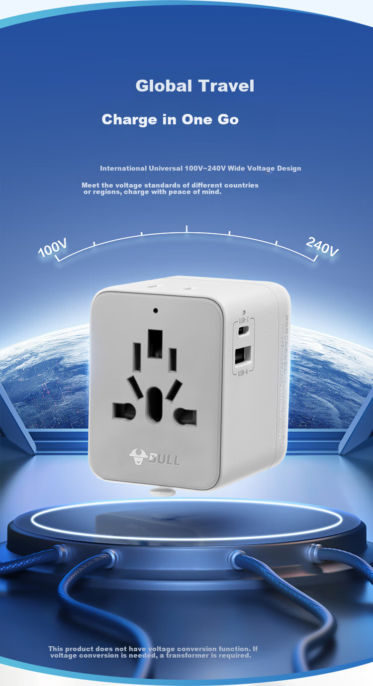 BULL 20W Fast Charging USB Multi-Country Socket Travel Adapter/World Converter Plug for International Travel Business Trip Study Abroad High Power Protection Plug European Standard American Standard Australian Standard British Standard Distant Mountain Gray 3