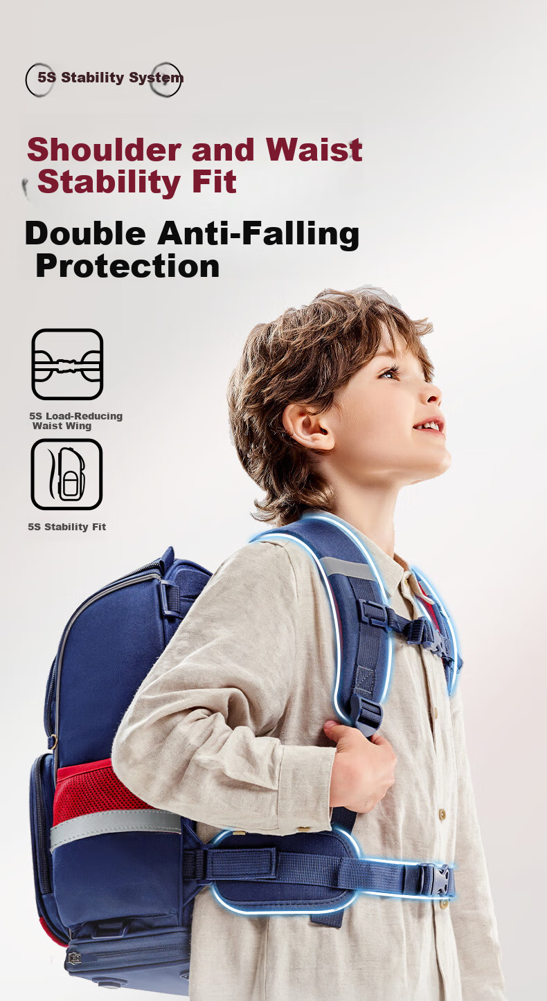 Jianqiaoshu Schoolbag for Primary School Boys Grades 1-3 Children's Lightweight Spine-Protecting Large Capacity Backpack, Large Size Navy Blue And Red 8