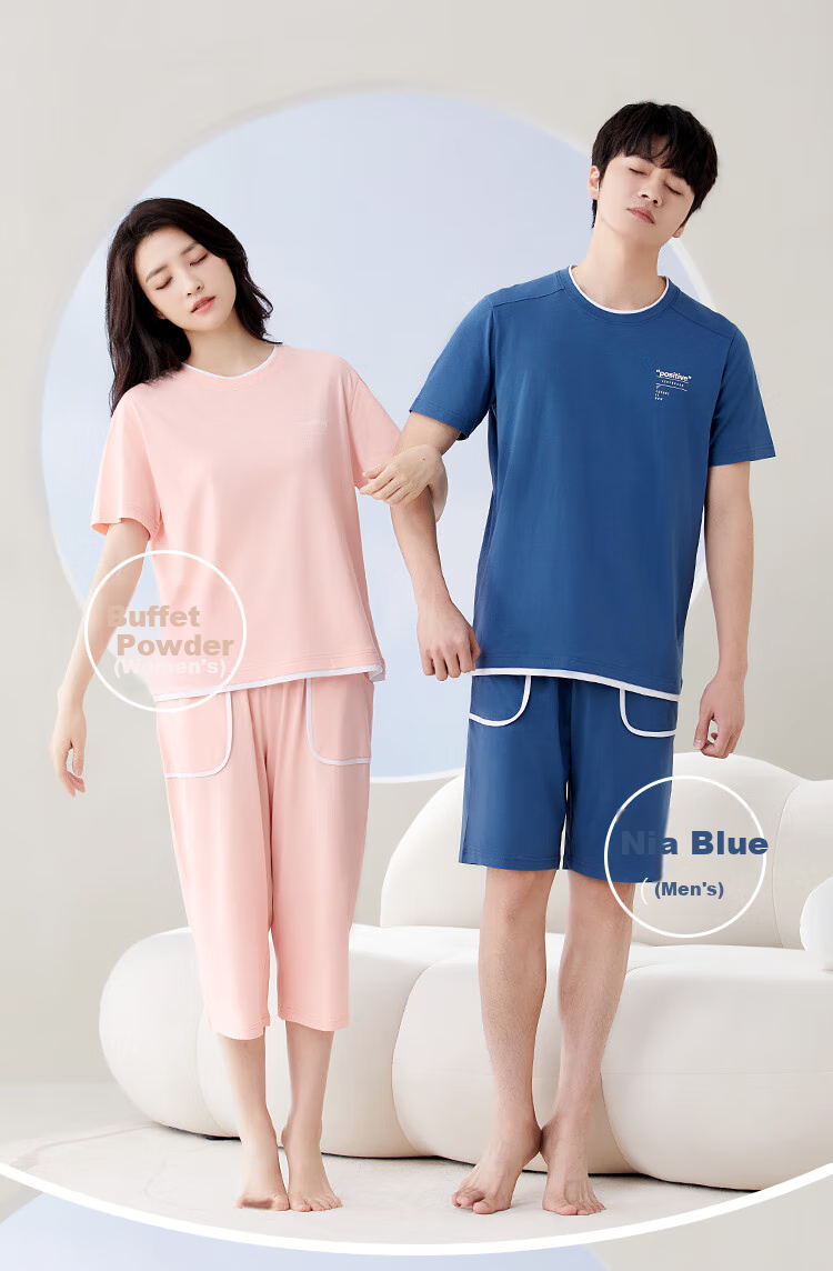 Hongdoujujia Pure Cotton Pajamas for Men, Summer Short-Sleeve Round Neck Antibacterial Loungewear, Nia Blue 170/92A 10