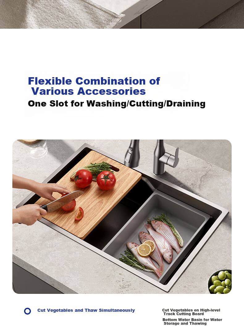 JOMOO Stainless Steel Embossed Filter Strainer Narrow-Edge Double-Sink Large Single Sink Kitchen Vegetable Washing Basin 75*43 Pull-Out Faucet 02373 7