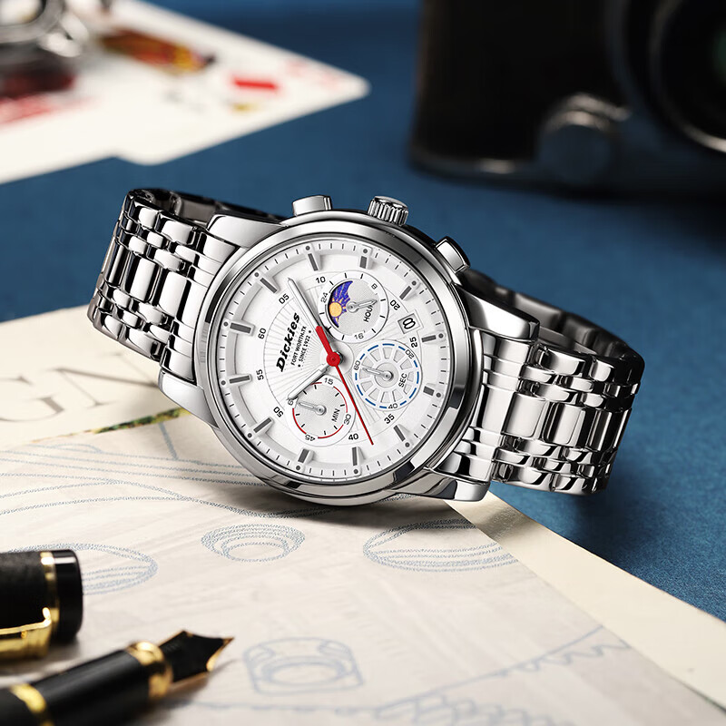 Dickies Men's Watch, Student Calendar Multifunctional Waterproof Quartz Watch with Steel Band, Gift for Boyfriend, CL-711 White And Red