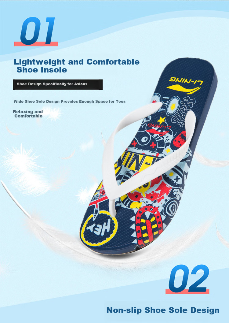 Li-Ning Flip Flops, Printed, for Men And Women, Swimming Beach Shoes, Shower Non-Slip Wear-Resistant Beach Shoes, 926-2 Deep Blue 3
