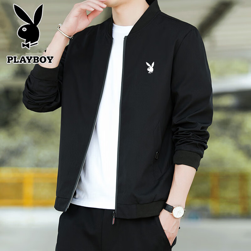 PLAYBOY Men's Autumn Winter Fleece Lined Thickened Stand Collar Loose Casual Jacket Black XL