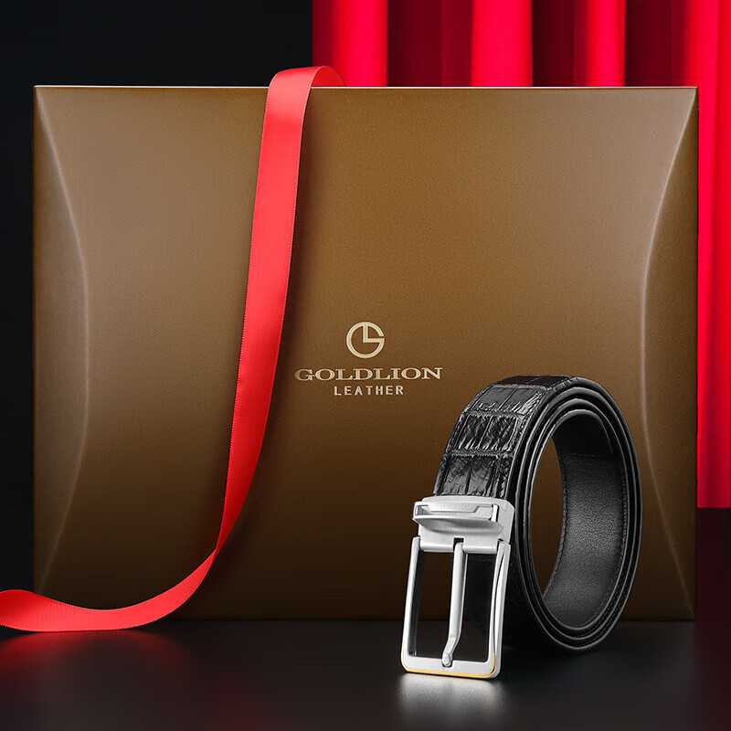 Goldlion Men's Belt, Stainless Steel Pin Buckle, High-End Wooden Gift Box, Alligator Leather Trouser Belt, Birthday Gift