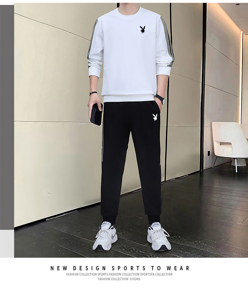 Playboy Men's Long Sleeve T-Shirt and Pants Set Spring Autumn Casual Sports Two-Piece Black L 14