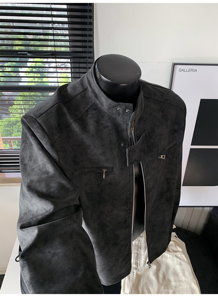 IZEXX Men's American Style Tie-Dye Jacket Autumn Winter Stand Collar Trendy Shoulder Motorcycle Leather Jacket ZGJ58 Black XL 3