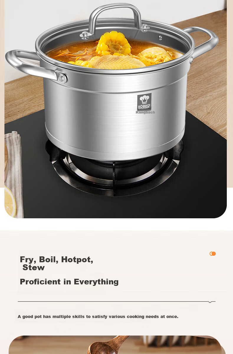 KOBACH Thickened 304 Stainless Steel Large Capacity Stew Pot with Double Handles, Anti-Scalding Noodle Cooking Pot, 24cm, Dishwasher Safe 7