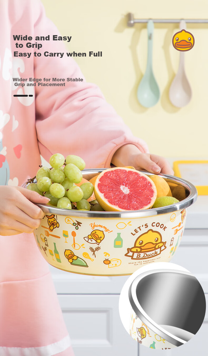 COOKER KING x Little Yellow Duck 304 Stainless Steel Bowl and Sieve 3-Piece Set Thickened Vegetable Washing, Fruit, and Dough Draining Basin 9