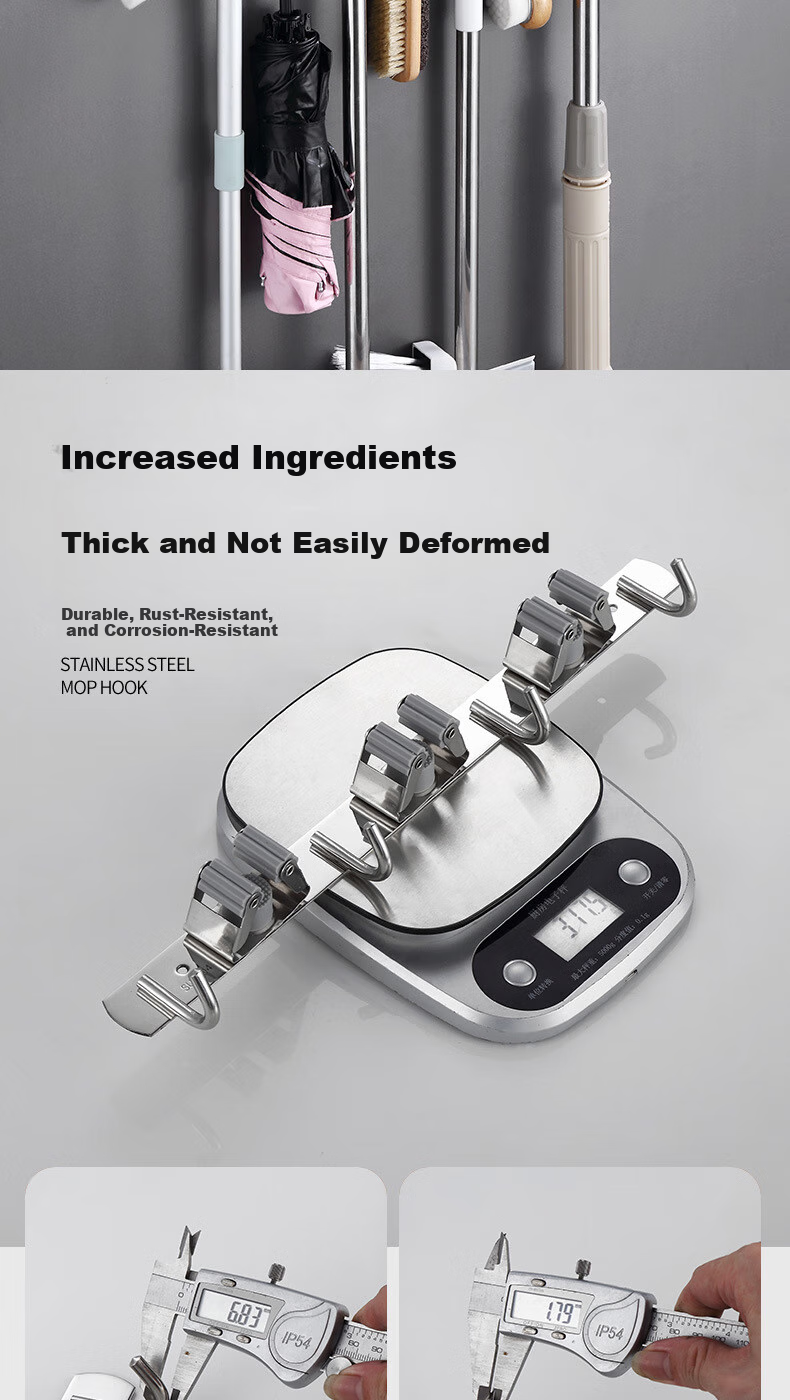 Yagao Stainless Steel Mop Hook [4 Clips 5 Hooks], Bathroom No-Drill Mop Rack with Hooks, Wall-Mounted Mop Clip Row Hooks 8