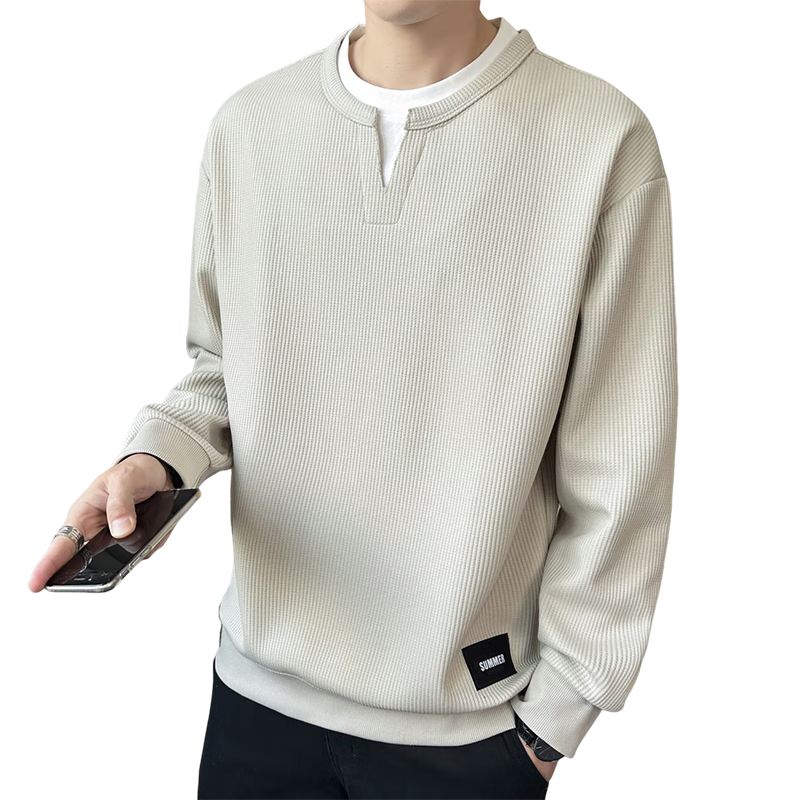 TUCANO Men's Spring and Autumn Loose Fit Crew Neck Two-in-One Long Sleeve T-Shirt Base Layer Jacket Apricot L