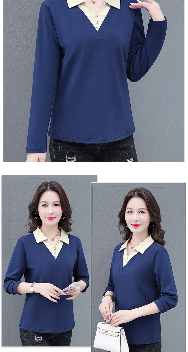 Woodpecker Women's Long Sleeve Polo Shirt Fake Two-Piece Autumn New Large Size Base Shirt Blue 3XL 12