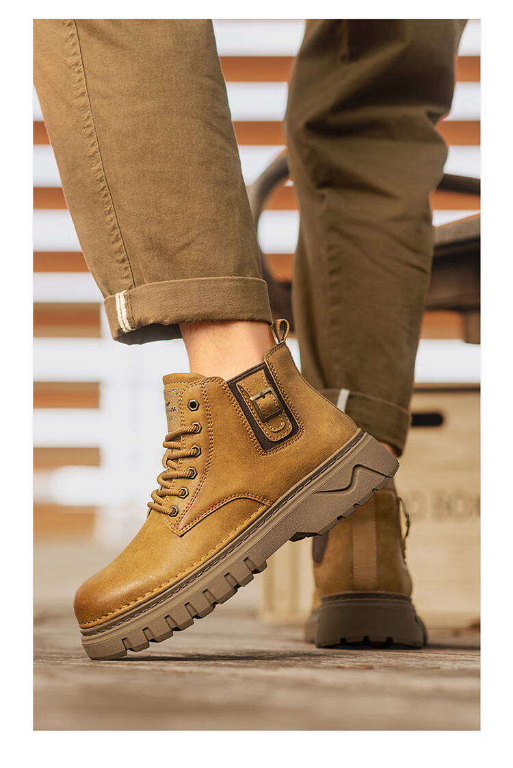 Bull Family Martin Boots Men 2026 Winter New Versatile Yellow Boots Fleece Lined Warm Snow Boots Men's Outdoor Hiking Shoes 26