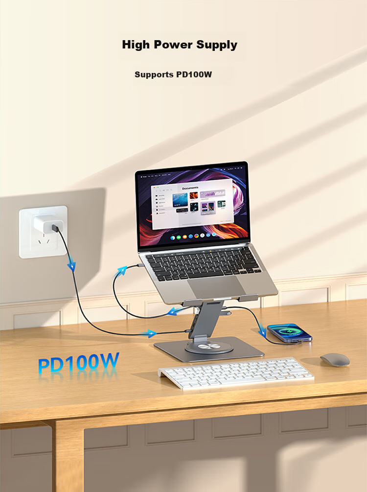 Hanzichen Laptop Stand with 12-Port Type-C Hub, Dual 4K 60Hz HD Screen Mirroring, PD100W Power Supply, USB3.1 Data Transfer, Gigabit Ethernet Port, Aluminum Alloy Vertical Stand 6