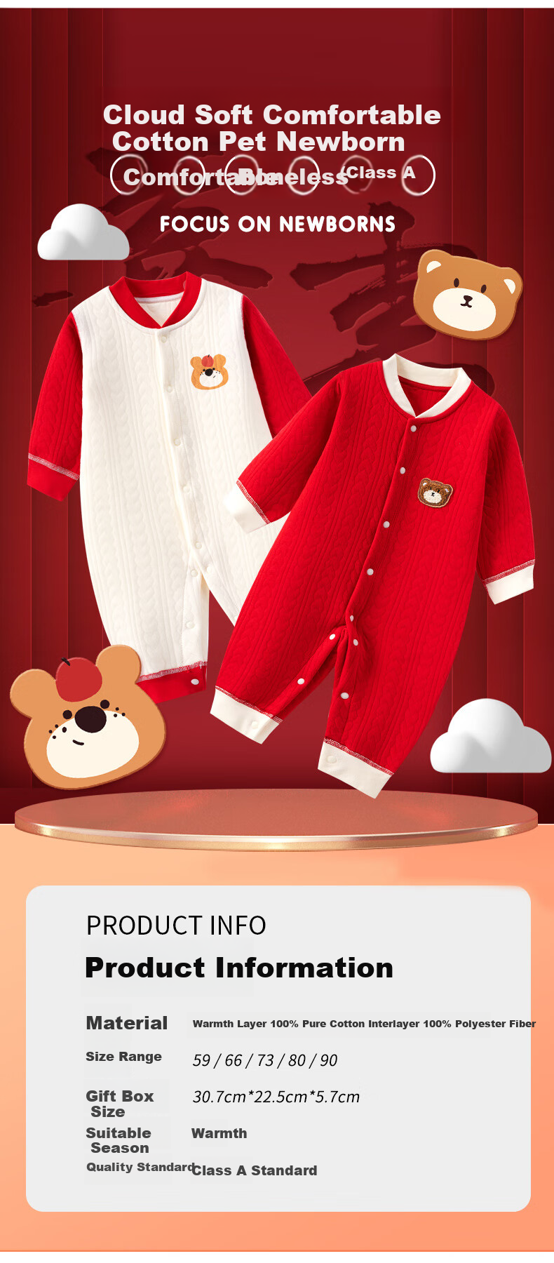 Banjeweier Baby Clothes Pure Cotton Seamless Romper Spring Autumn Baby Jumpsuit Pajamas Curly Bear Two-Pack Size 73 1