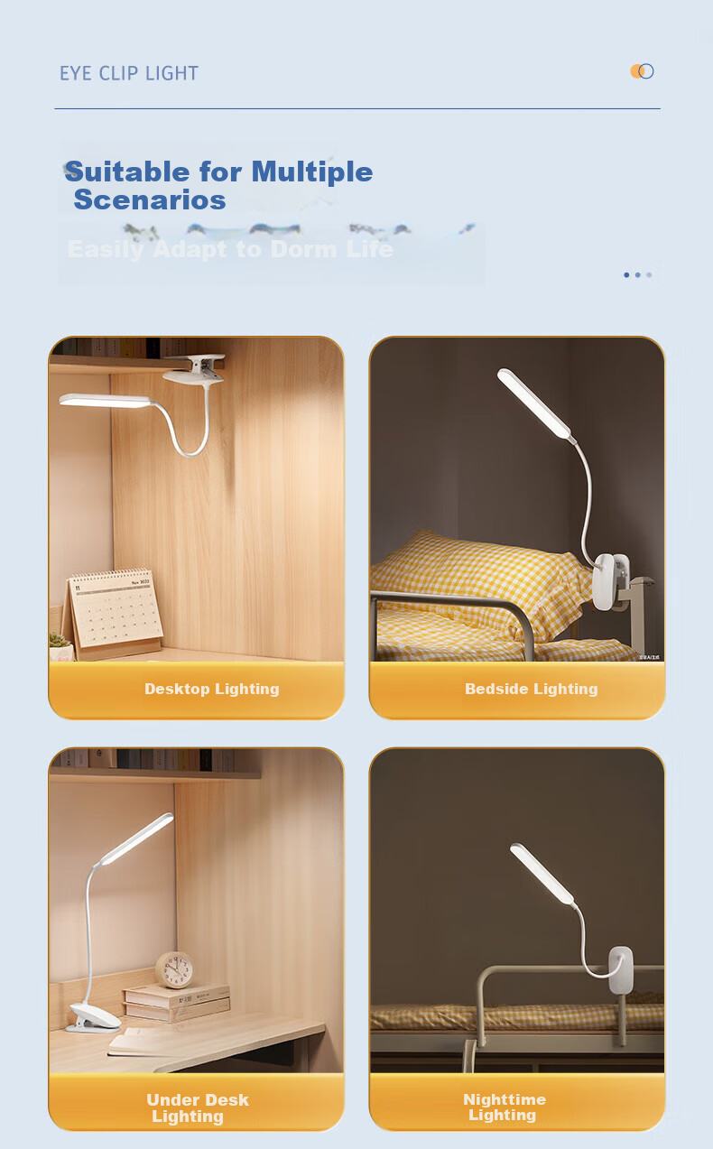 ONEFIRE Rechargeable Clip-On Desk Lamp for College Dormitory, Bedside Eye Protection Light, Long-Lasting Study Lamp, Small Night Light with Clip Stand 6