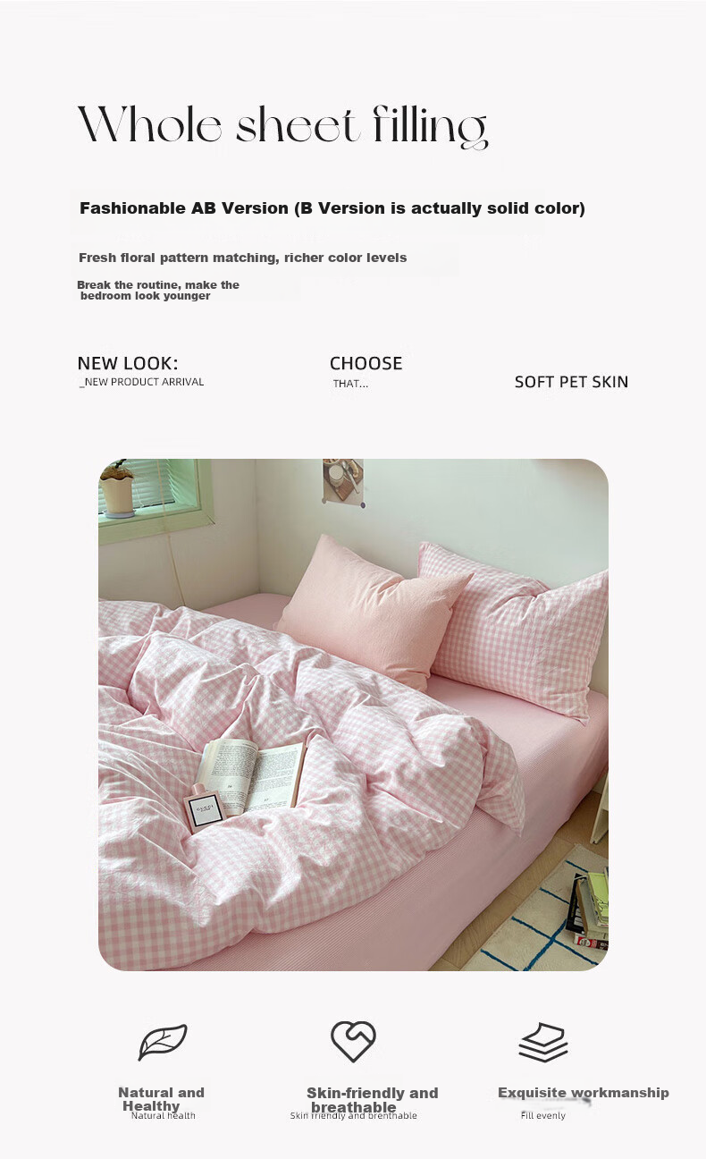 Grace Class 7A Antibacterial Pure Cotton Bedding Set for Single Dormitory, Includes Bed Sheet And Duvet Cover, for 1.2m Bed, Cherry Blossom Pink Plaid Patter 4