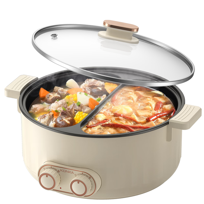 KONKA Electric Hot Pot 5.5L Large Capacity Household Hot Pot Multi-Functional Non-Stick Electric Cooker Partition Temperature Control Integrated Dual-Flavor Electric Cooking Pot KDHG-2055-W