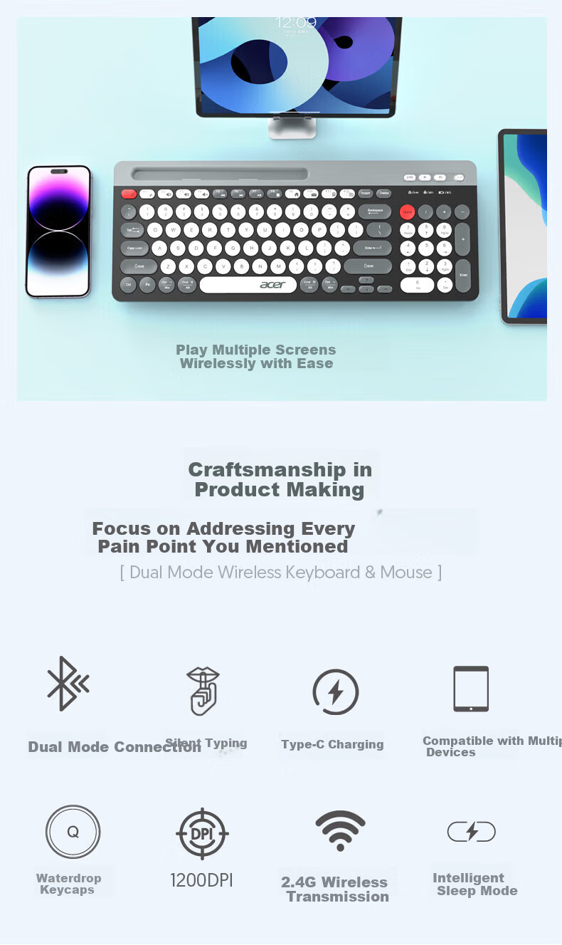 Acer Wireless Keyboard And Mouse Combo, Bluetooth Tri-Mode Silent Office Rechargeable Long Battery Life Mechanical Feel Compatible with Desktop Computers, Laptops, Mac Tablets, And Smartphones 2