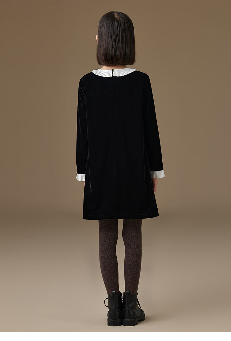 Hacikis Kids Autumn Winter French Hepburn Style Children's Lace Velvet Girls Long Sleeve Dress Thick Mousse Black 160 7