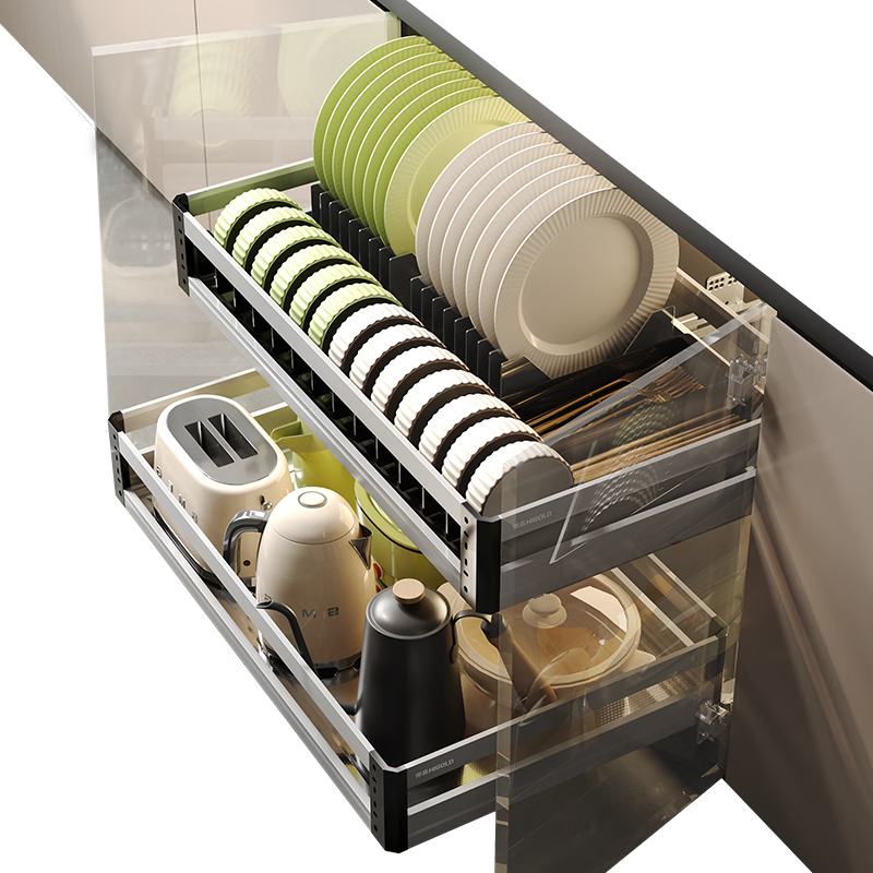 HIGOLD Flash Series Kitchen Pull-Out Stainless Steel Bowl Basket Double-Layer Drawer Dish Storage Cabinet Multi-Layer Rack