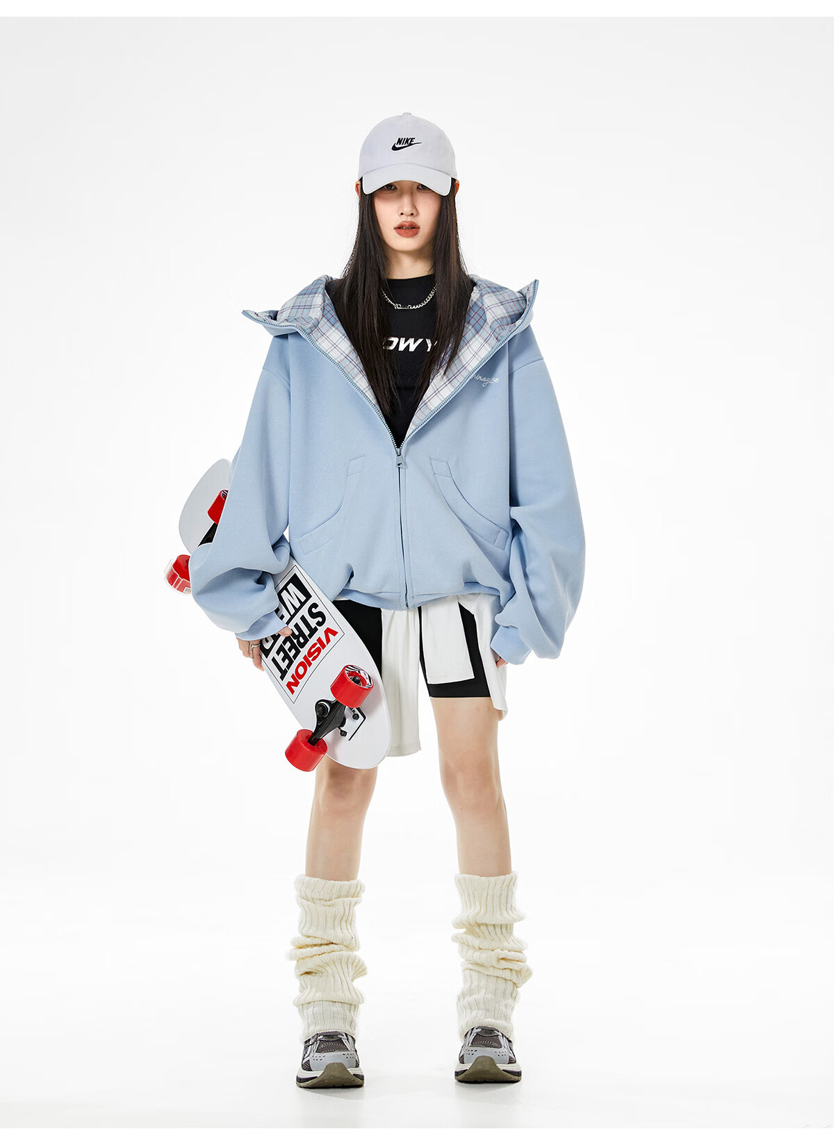 ICH MODE Celebrity Style American Plaid Patchwork Cardigan Sweatshirt Autumn Jacket Sports Cardigan Top Women Heather Gray XL 38