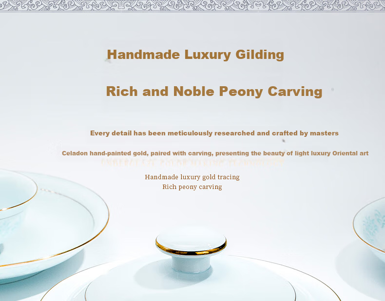 Guanpo New Gold-Rimmed Jingdezhen Underglaze Celadon Porcelain Delicate Bowl And Plate Set, Bone China Tableware Set for Home Use, Gift-Giving 7