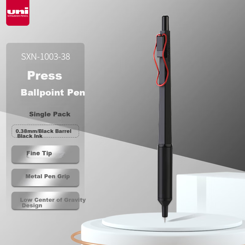 Uni Mitsubishi Ballpoint Pen with Metal Grip, Low Center of Gravity for Office And Business Use, Medium Oil Pen SXN-1003 0.38mm Black Barrel