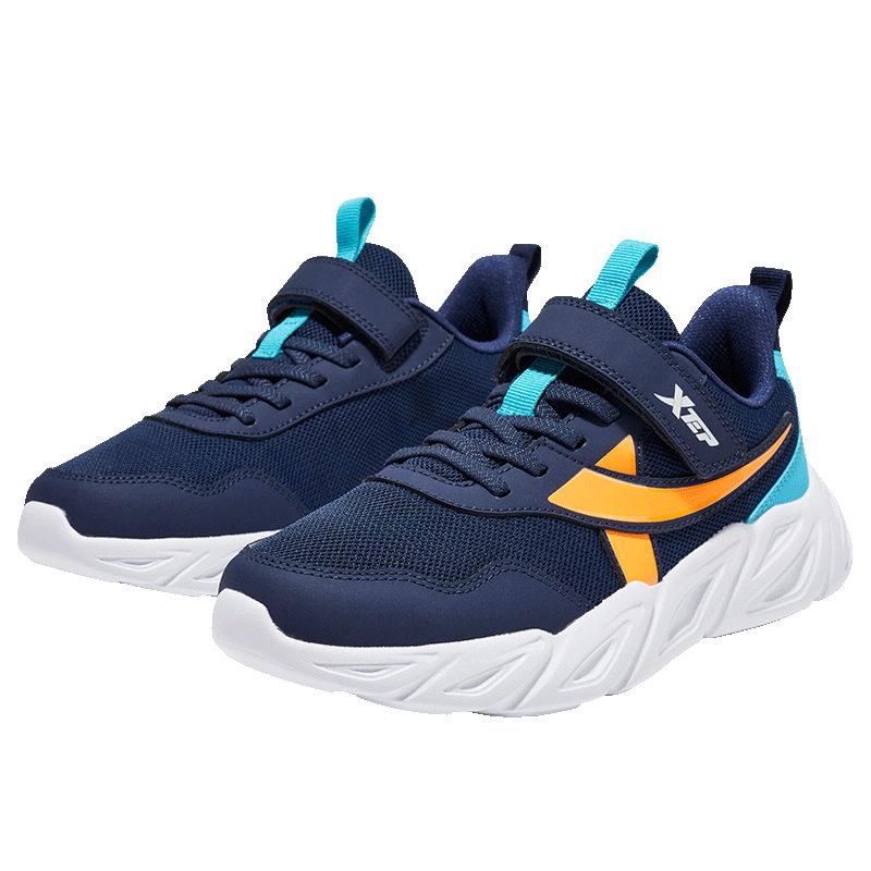 XTEP Kids Running Shoes Children's Mesh Velcro Sports Shoes Deep Blue/Bay Blue/Fluorescent Bright Orange Size 38