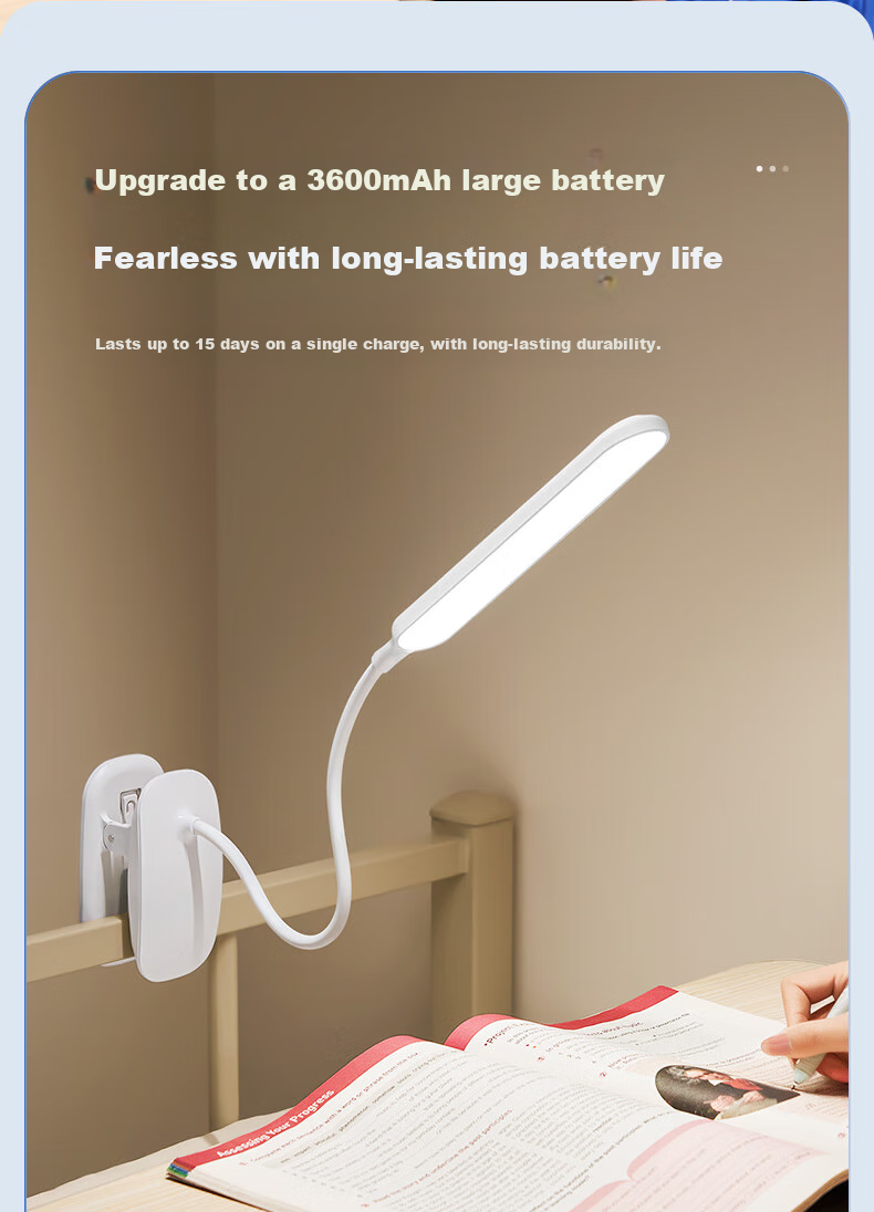 ONEFIRE Rechargeable Clip-On Desk Lamp for College Dormitory, Bedside Eye Protection Light, Long-Lasting Study Lamp, Small Night Light with Clip Stand 4