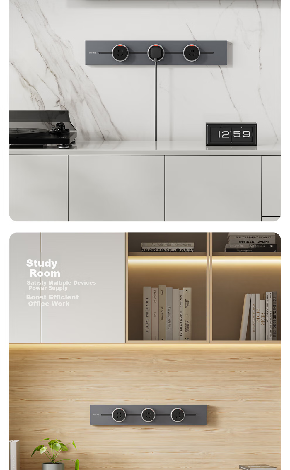 PHILIPS Surface-Mounted Track Socket Switch Panel, Wall-Mounted without Groove, Movable Sliding Rail Panel, Sideboard Track-Type Sliding Power Strip, 42cm Track + 2 Adapters, Gray 8