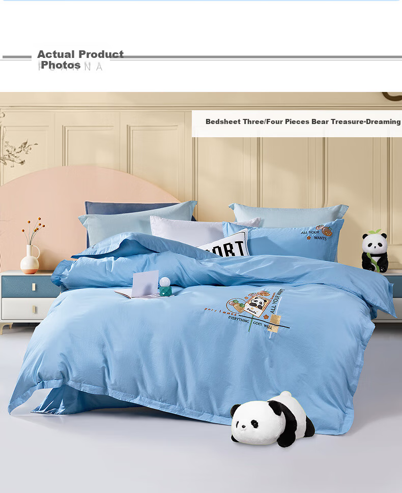 Fuannaertong Class A Pure Cotton Four-Piece Set, Cartoon Embroidery, All-Cotton Double Bed Sheet And Duvet Cover, Bedding, for 1.8m Bed, 230*229cm 4