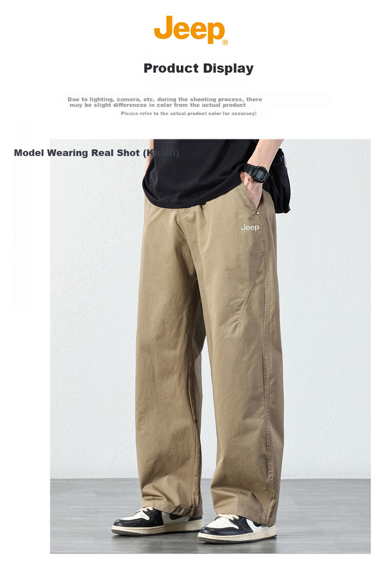 JEEP Casual Pants for Men, Spring And Summer Straight-Leg Loose Pure Cotton Cargo Pants, Trendy Men's Trousers, Khaki Color, Size 34 5