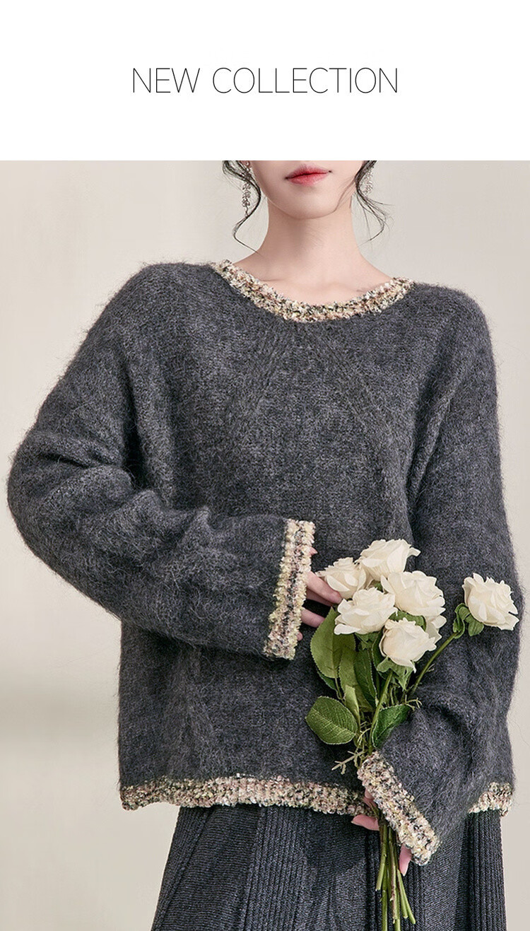 Mt [Fragrant Breeze Knit] Spring Light Luxury Round Neck Color-Block Edge Wool Blend Knit Sweater for Women 1