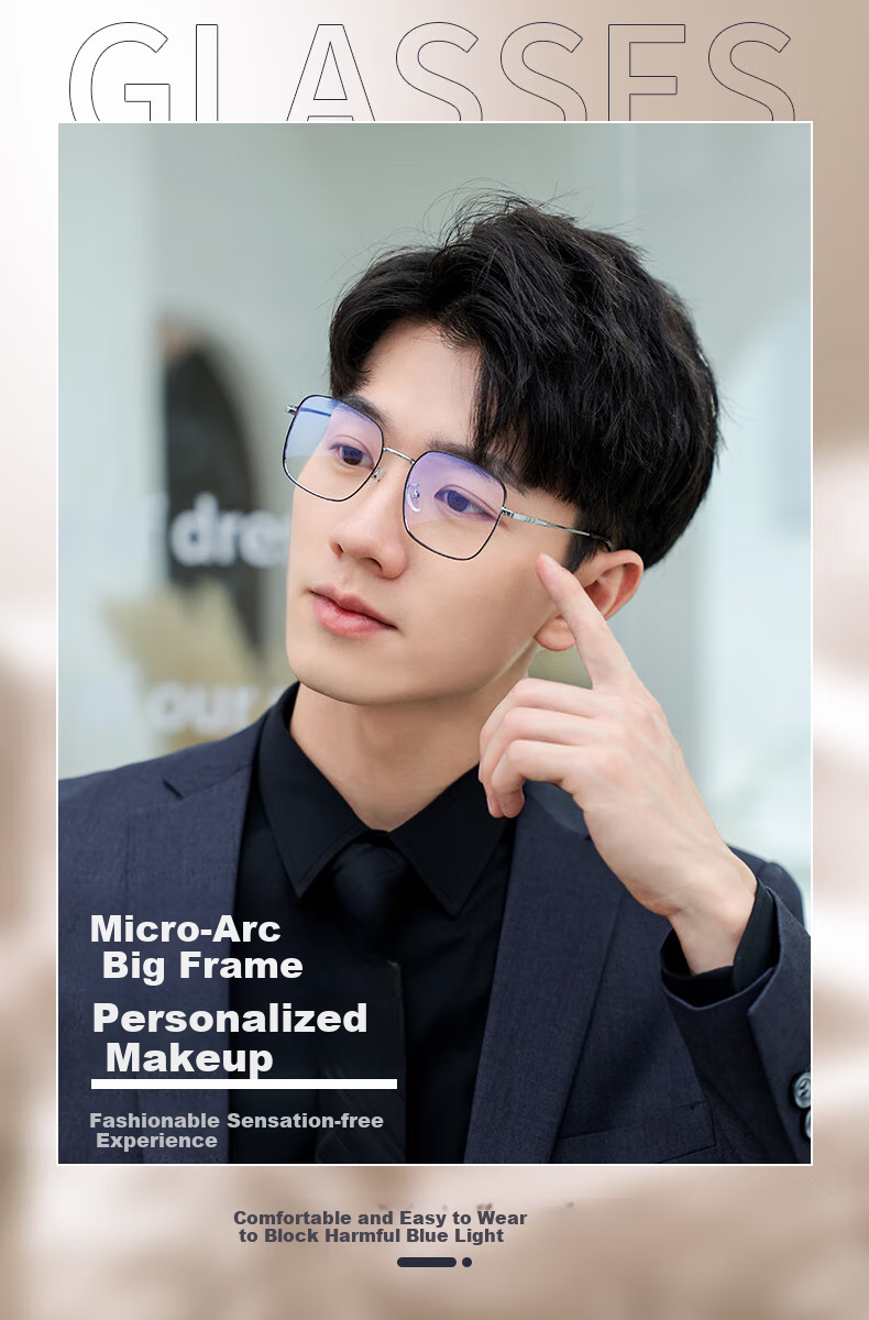 Jingbang Myopia Glasses for Men And Women, Ultra-Light Large Face Slimming Square Frame with Blue Light Protection, Prescription Lenses Available, Black Silver Non-Prescription Blue Light Blocking Glasses for Qixi Festival 2
