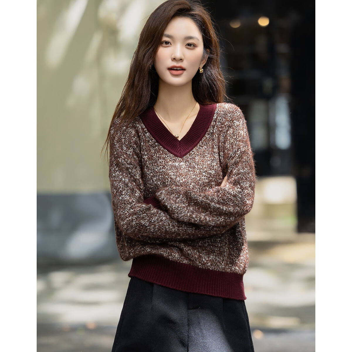 Demana Sheep Wool Cotton Blend Autumn Textured Tweed V-Neck Colorblock Loose Knit Sweater for Women