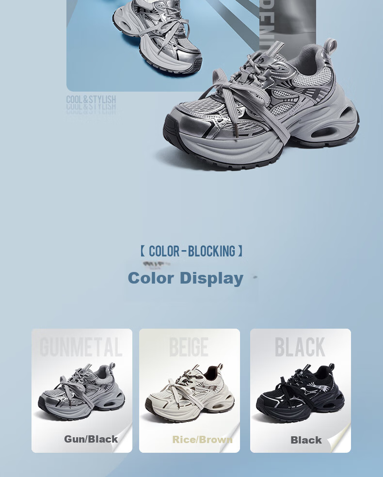 CAMEL Silver Dad Sneakers Women Breathable Mesh Height Increasing Thick Sole Sports Casual Shoes L25A283140 Gun/Black 40 8