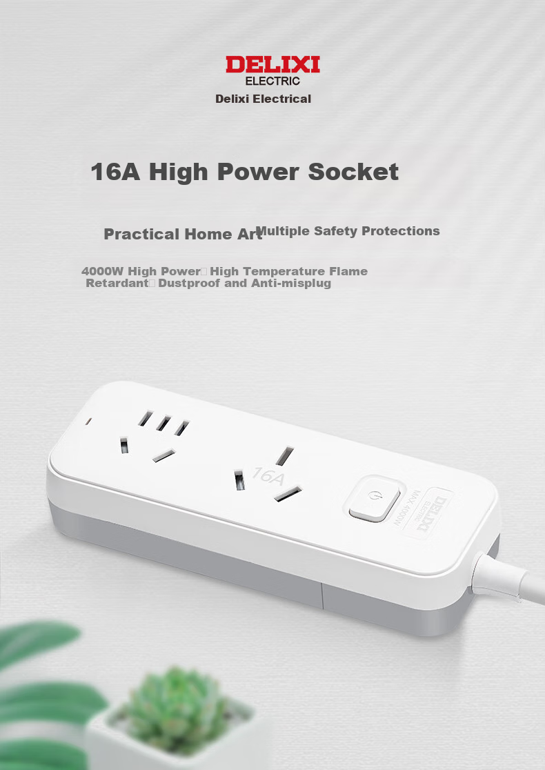 DELIXI 16A High-Power Air Conditioner Socket with 3C Certification, Power Strip with Switch/Power Bar/Extension Cord, 1 Master Switch, Total Length 0.8 Meters 1