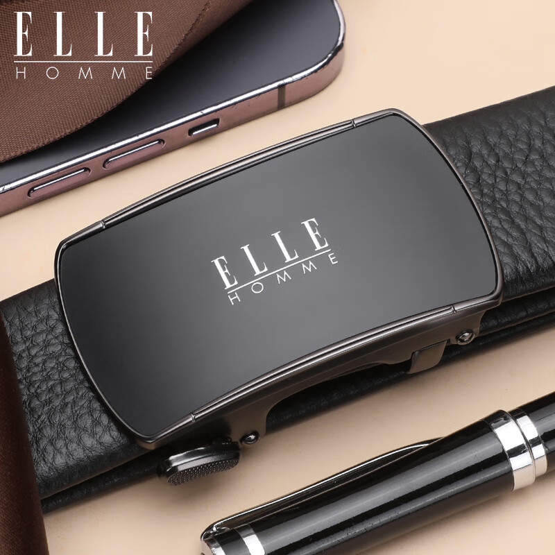 ELLE HOMME Men's Business Leather Belt First Layer Cowhide Automatic Buckle Fashion Belt 2535 Black Birthday Gift for Boyfriend