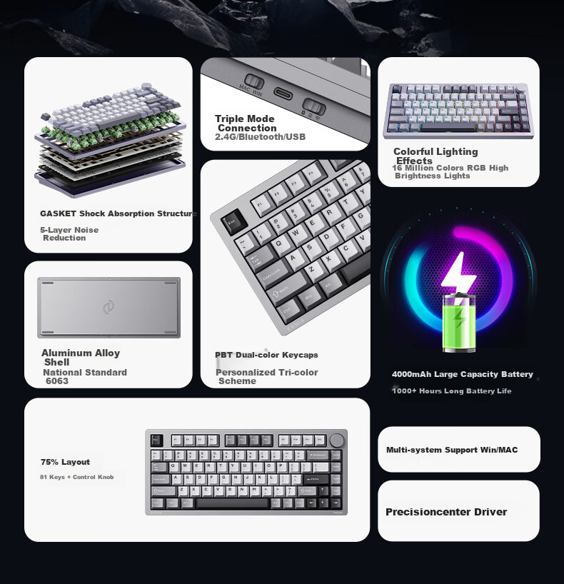 PHILIPS F610 Mechanical Keyboard, Wireless Tri-Mode Customizable Keyboard, Gasket Structure, Full Hot-Swappable Keys, Gaming E-Sports, Aluminum Keycap Keyboard, New Year's Gift for Boyfriend 2
