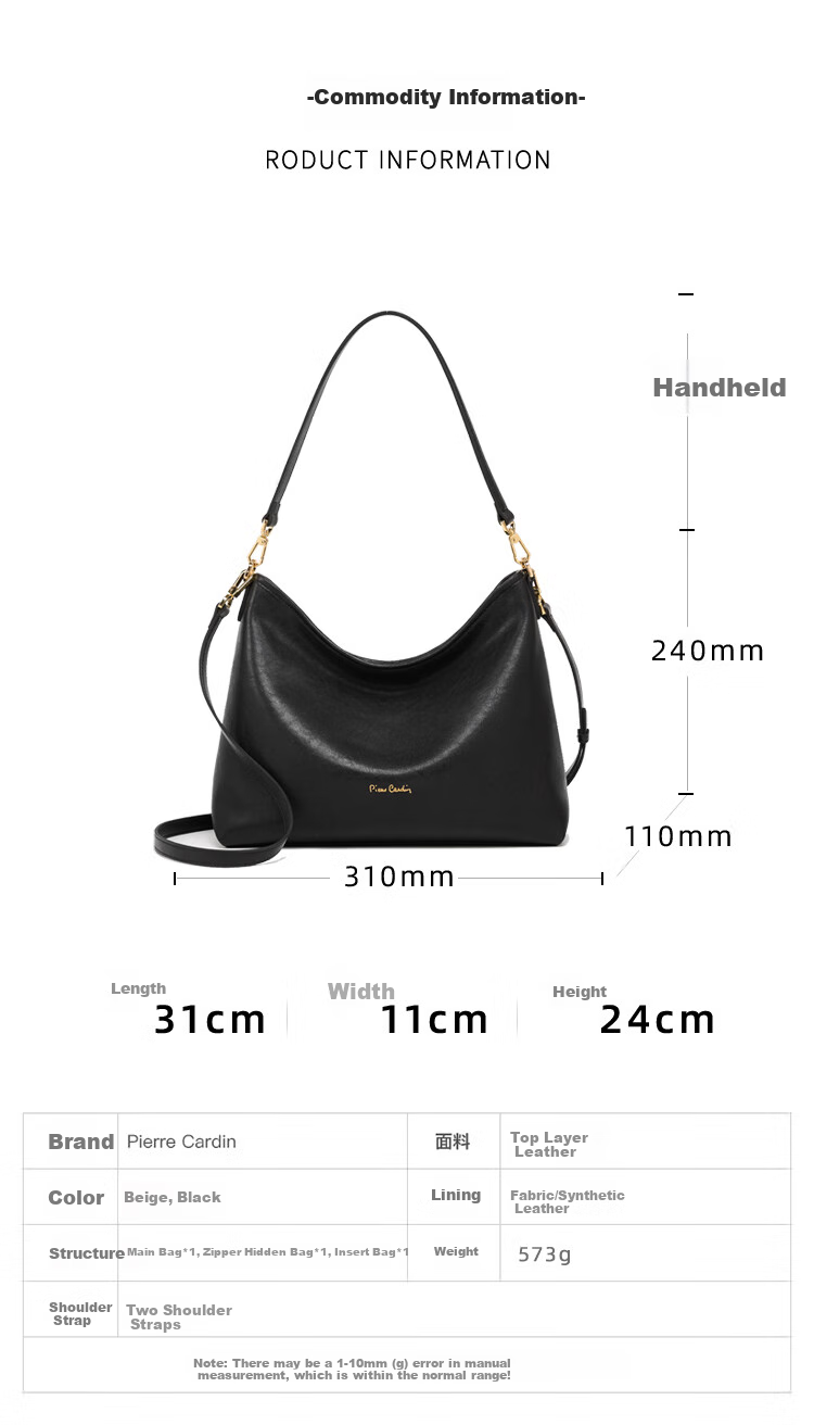 Pierre Cardin Hobo Handbag, Top-Grain Leather, Shoulder Crossbody Women's Bag, Gift for Girlfriend on May 20th, Black, with Free Gift Box 6