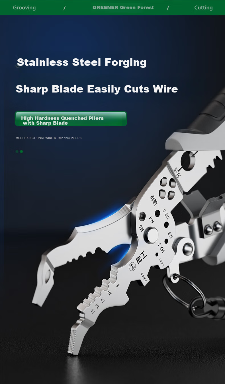 GREENER Wire Stripping Pliers, Professional Electrician Stainless Steel Curved-Nose Multi-Functional Household Fiber Optic Cable Cutter, Electrician Scissors 7